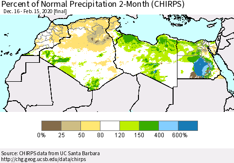North Africa Percent of Normal Precipitation 2-Month (CHIRPS) Thematic Map For 12/16/2019 - 2/15/2020