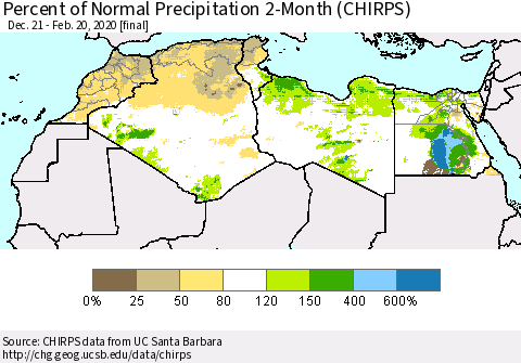 North Africa Percent of Normal Precipitation 2-Month (CHIRPS) Thematic Map For 12/21/2019 - 2/20/2020