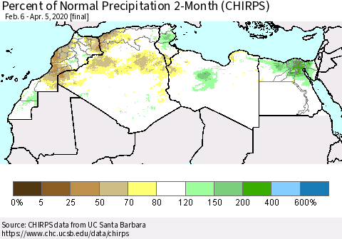 North Africa Percent of Normal Precipitation 2-Month (CHIRPS) Thematic Map For 2/6/2020 - 4/5/2020