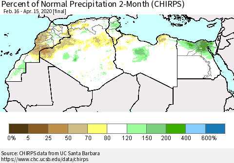 North Africa Percent of Normal Precipitation 2-Month (CHIRPS) Thematic Map For 2/16/2020 - 4/15/2020