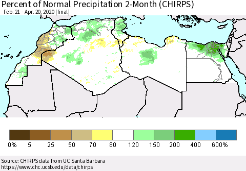 North Africa Percent of Normal Precipitation 2-Month (CHIRPS) Thematic Map For 2/21/2020 - 4/20/2020