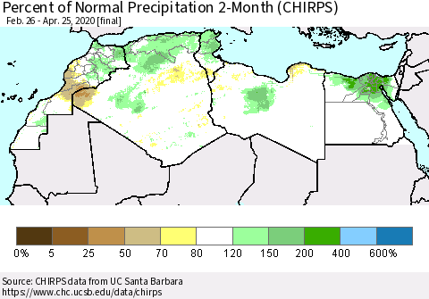 North Africa Percent of Normal Precipitation 2-Month (CHIRPS) Thematic Map For 2/26/2020 - 4/25/2020