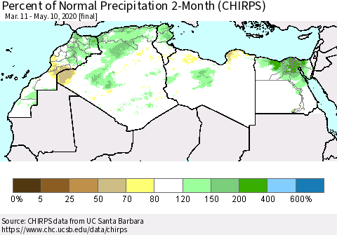 North Africa Percent of Normal Precipitation 2-Month (CHIRPS) Thematic Map For 3/11/2020 - 5/10/2020