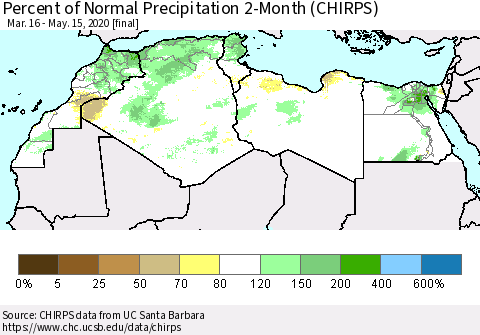 North Africa Percent of Normal Precipitation 2-Month (CHIRPS) Thematic Map For 3/16/2020 - 5/15/2020
