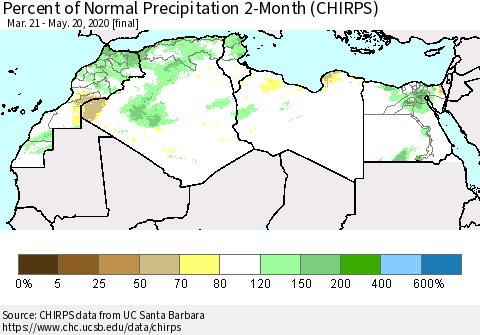 North Africa Percent of Normal Precipitation 2-Month (CHIRPS) Thematic Map For 3/21/2020 - 5/20/2020