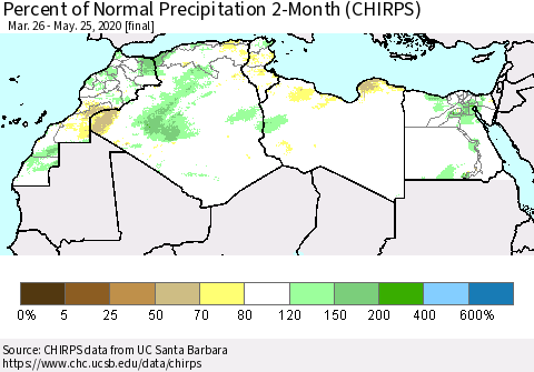 North Africa Percent of Normal Precipitation 2-Month (CHIRPS) Thematic Map For 3/26/2020 - 5/25/2020
