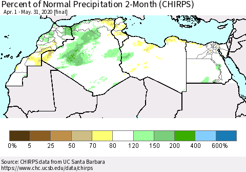 North Africa Percent of Normal Precipitation 2-Month (CHIRPS) Thematic Map For 4/1/2020 - 5/31/2020
