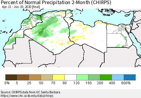 North Africa Percent of Normal Precipitation 2-Month (CHIRPS) Thematic Map For 4/11/2020 - 6/10/2020