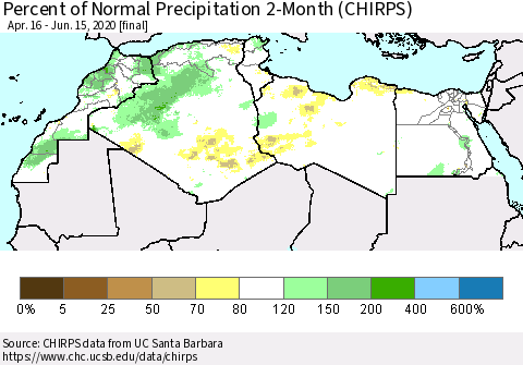 North Africa Percent of Normal Precipitation 2-Month (CHIRPS) Thematic Map For 4/16/2020 - 6/15/2020