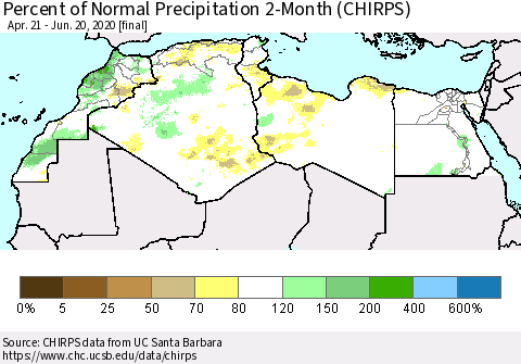 North Africa Percent of Normal Precipitation 2-Month (CHIRPS) Thematic Map For 4/21/2020 - 6/20/2020