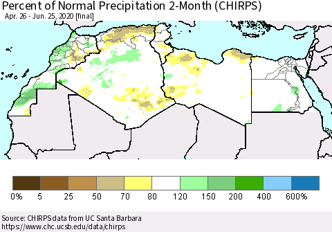 North Africa Percent of Normal Precipitation 2-Month (CHIRPS) Thematic Map For 4/26/2020 - 6/25/2020