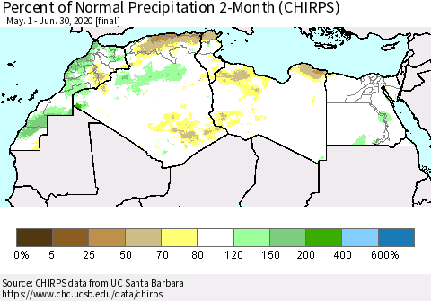 North Africa Percent of Normal Precipitation 2-Month (CHIRPS) Thematic Map For 5/1/2020 - 6/30/2020