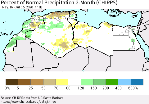 North Africa Percent of Normal Precipitation 2-Month (CHIRPS) Thematic Map For 5/16/2020 - 7/15/2020