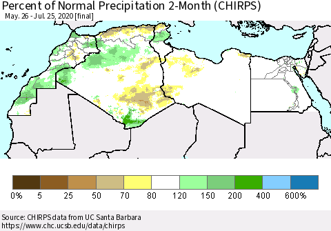North Africa Percent of Normal Precipitation 2-Month (CHIRPS) Thematic Map For 5/26/2020 - 7/25/2020