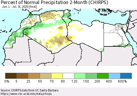 North Africa Percent of Normal Precipitation 2-Month (CHIRPS) Thematic Map For 6/1/2020 - 7/31/2020