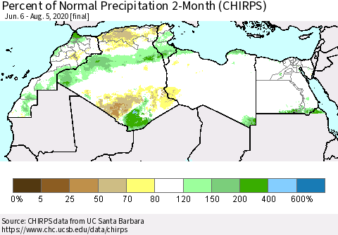 North Africa Percent of Normal Precipitation 2-Month (CHIRPS) Thematic Map For 6/6/2020 - 8/5/2020
