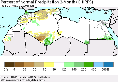 North Africa Percent of Normal Precipitation 2-Month (CHIRPS) Thematic Map For 6/11/2020 - 8/10/2020