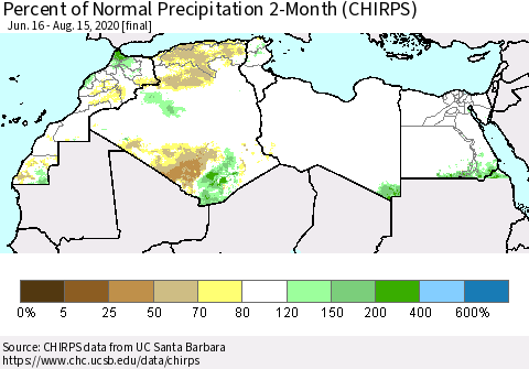 North Africa Percent of Normal Precipitation 2-Month (CHIRPS) Thematic Map For 6/16/2020 - 8/15/2020