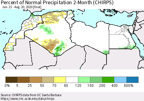 North Africa Percent of Normal Precipitation 2-Month (CHIRPS) Thematic Map For 6/21/2020 - 8/20/2020