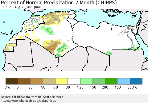 North Africa Percent of Normal Precipitation 2-Month (CHIRPS) Thematic Map For 6/26/2020 - 8/25/2020