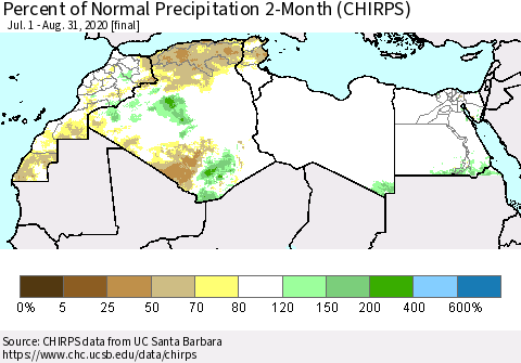 North Africa Percent of Normal Precipitation 2-Month (CHIRPS) Thematic Map For 7/1/2020 - 8/31/2020