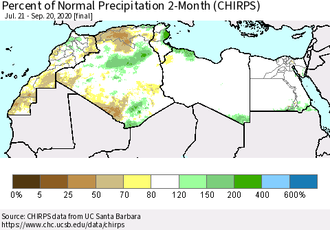 North Africa Percent of Normal Precipitation 2-Month (CHIRPS) Thematic Map For 7/21/2020 - 9/20/2020