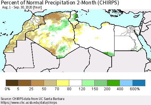North Africa Percent of Normal Precipitation 2-Month (CHIRPS) Thematic Map For 8/1/2020 - 9/30/2020