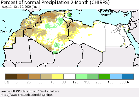 North Africa Percent of Normal Precipitation 2-Month (CHIRPS) Thematic Map For 8/11/2020 - 10/10/2020