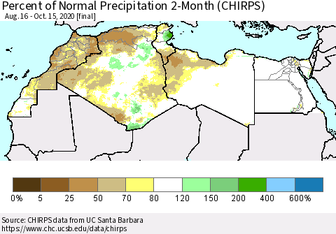 North Africa Percent of Normal Precipitation 2-Month (CHIRPS) Thematic Map For 8/16/2020 - 10/15/2020