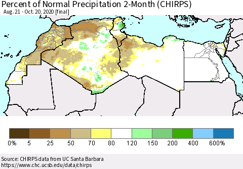 North Africa Percent of Normal Precipitation 2-Month (CHIRPS) Thematic Map For 8/21/2020 - 10/20/2020