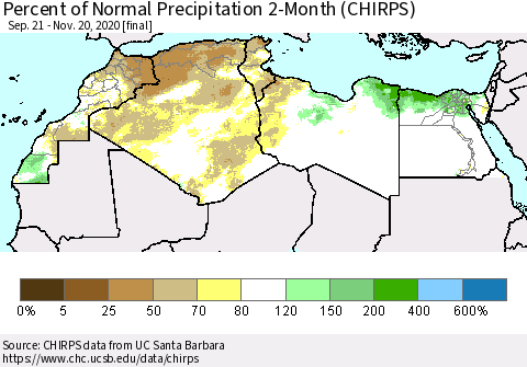 North Africa Percent of Normal Precipitation 2-Month (CHIRPS) Thematic Map For 9/21/2020 - 11/20/2020