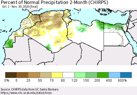 North Africa Percent of Normal Precipitation 2-Month (CHIRPS) Thematic Map For 10/1/2020 - 11/30/2020