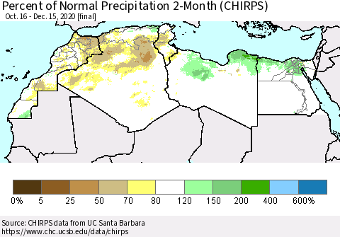 North Africa Percent of Normal Precipitation 2-Month (CHIRPS) Thematic Map For 10/16/2020 - 12/15/2020