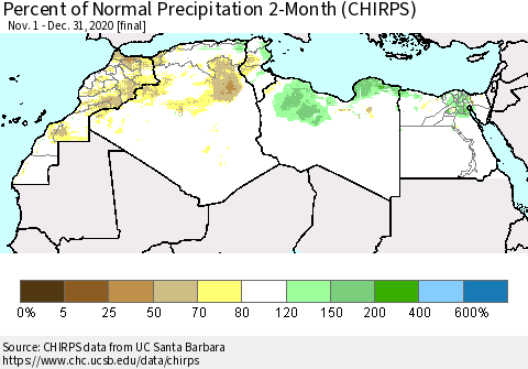 North Africa Percent of Normal Precipitation 2-Month (CHIRPS) Thematic Map For 11/1/2020 - 12/31/2020