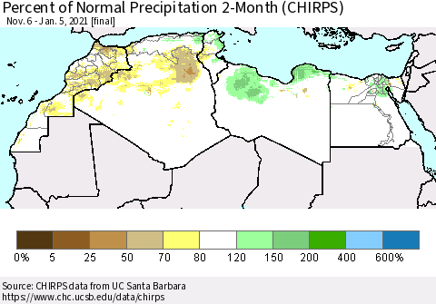 North Africa Percent of Normal Precipitation 2-Month (CHIRPS) Thematic Map For 11/6/2020 - 1/5/2021
