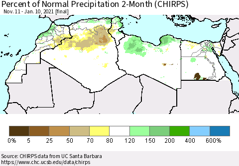 North Africa Percent of Normal Precipitation 2-Month (CHIRPS) Thematic Map For 11/11/2020 - 1/10/2021