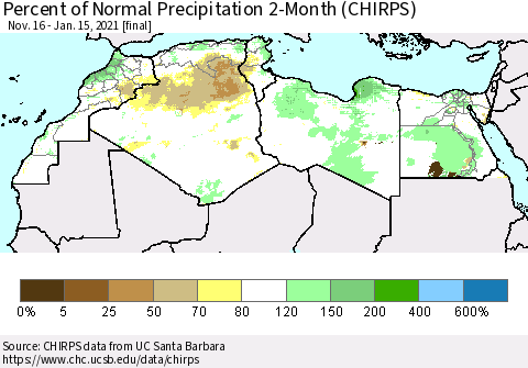 North Africa Percent of Normal Precipitation 2-Month (CHIRPS) Thematic Map For 11/16/2020 - 1/15/2021