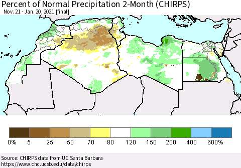 North Africa Percent of Normal Precipitation 2-Month (CHIRPS) Thematic Map For 11/21/2020 - 1/20/2021