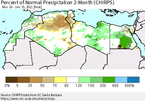 North Africa Percent of Normal Precipitation 2-Month (CHIRPS) Thematic Map For 11/26/2020 - 1/25/2021