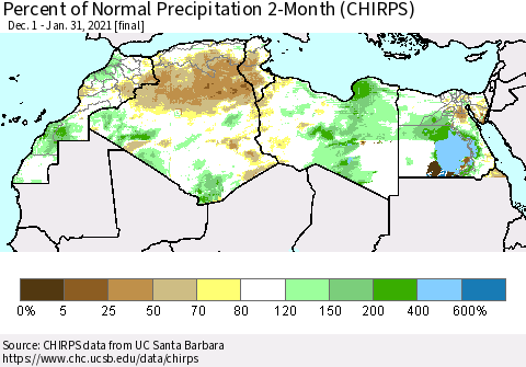 North Africa Percent of Normal Precipitation 2-Month (CHIRPS) Thematic Map For 12/1/2020 - 1/31/2021
