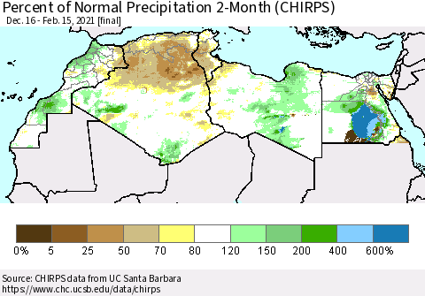 North Africa Percent of Normal Precipitation 2-Month (CHIRPS) Thematic Map For 12/16/2020 - 2/15/2021