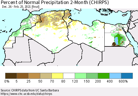 North Africa Percent of Normal Precipitation 2-Month (CHIRPS) Thematic Map For 12/26/2020 - 2/25/2021
