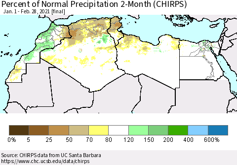 North Africa Percent of Normal Precipitation 2-Month (CHIRPS) Thematic Map For 1/1/2021 - 2/28/2021