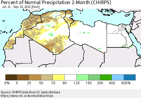North Africa Percent of Normal Precipitation 2-Month (CHIRPS) Thematic Map For 7/11/2021 - 9/10/2021