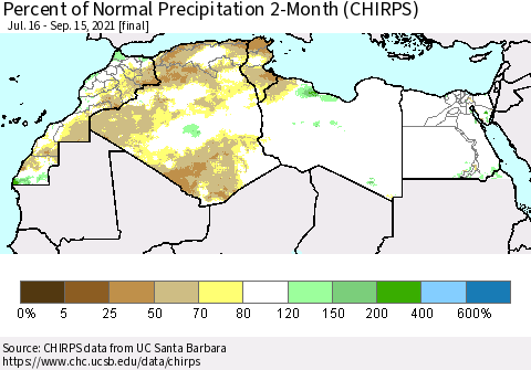North Africa Percent of Normal Precipitation 2-Month (CHIRPS) Thematic Map For 7/16/2021 - 9/15/2021