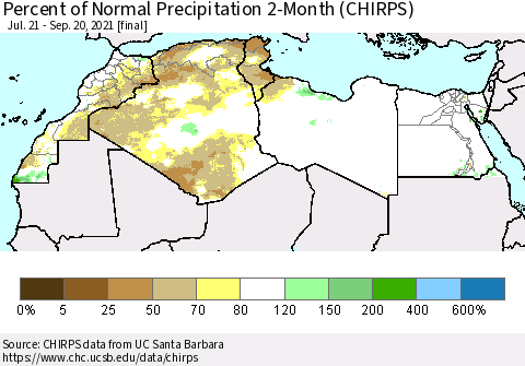 North Africa Percent of Normal Precipitation 2-Month (CHIRPS) Thematic Map For 7/21/2021 - 9/20/2021