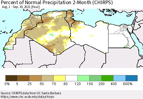 North Africa Percent of Normal Precipitation 2-Month (CHIRPS) Thematic Map For 8/1/2021 - 9/30/2021