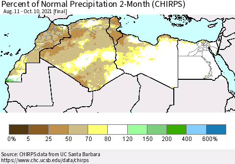 North Africa Percent of Normal Precipitation 2-Month (CHIRPS) Thematic Map For 8/11/2021 - 10/10/2021
