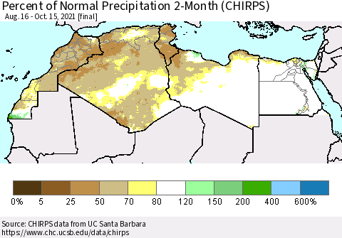 North Africa Percent of Normal Precipitation 2-Month (CHIRPS) Thematic Map For 8/16/2021 - 10/15/2021