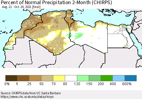 North Africa Percent of Normal Precipitation 2-Month (CHIRPS) Thematic Map For 8/21/2021 - 10/20/2021
